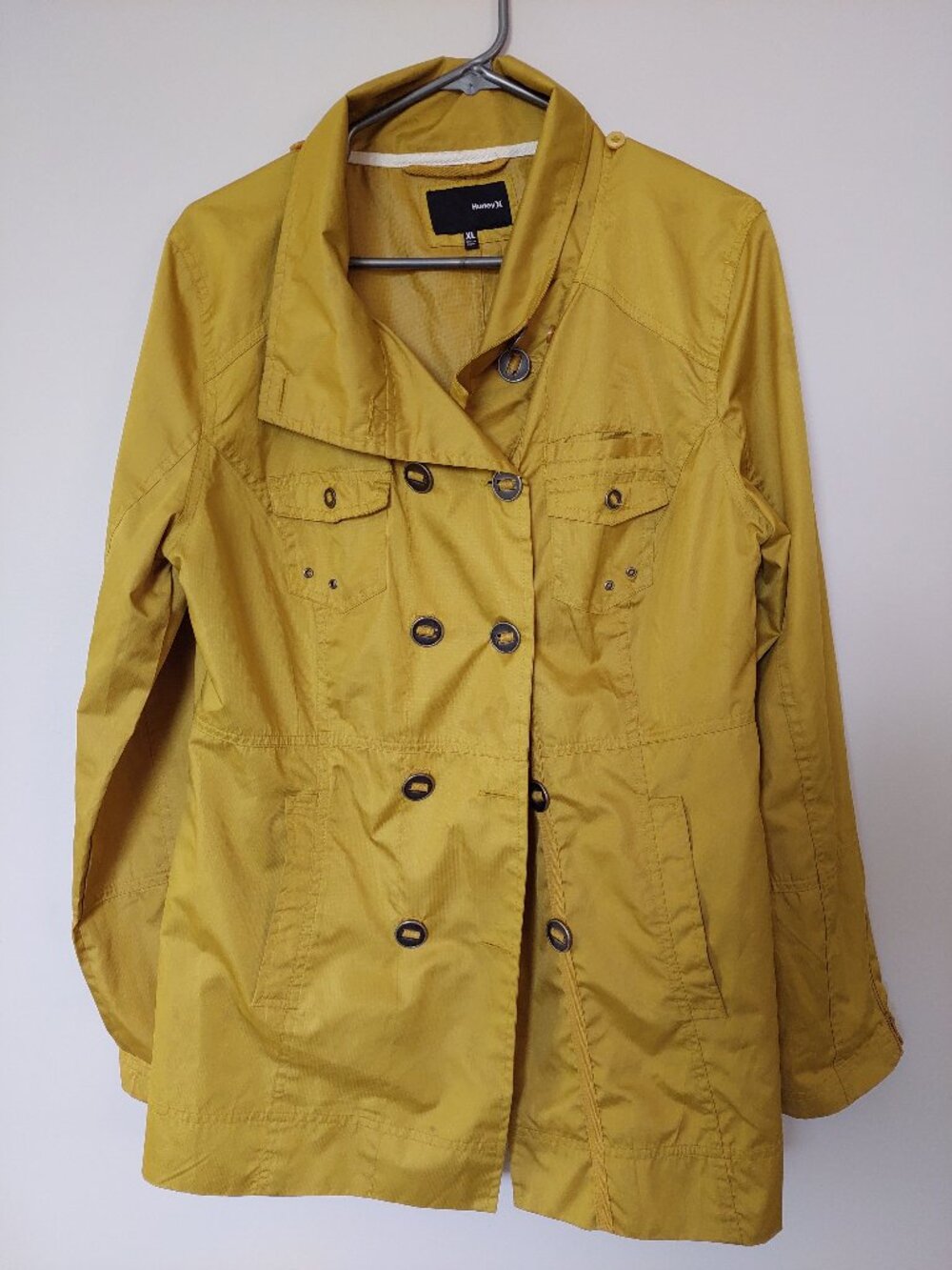 Hurley Women's XL yellow double-breasted trench coat with a high collar